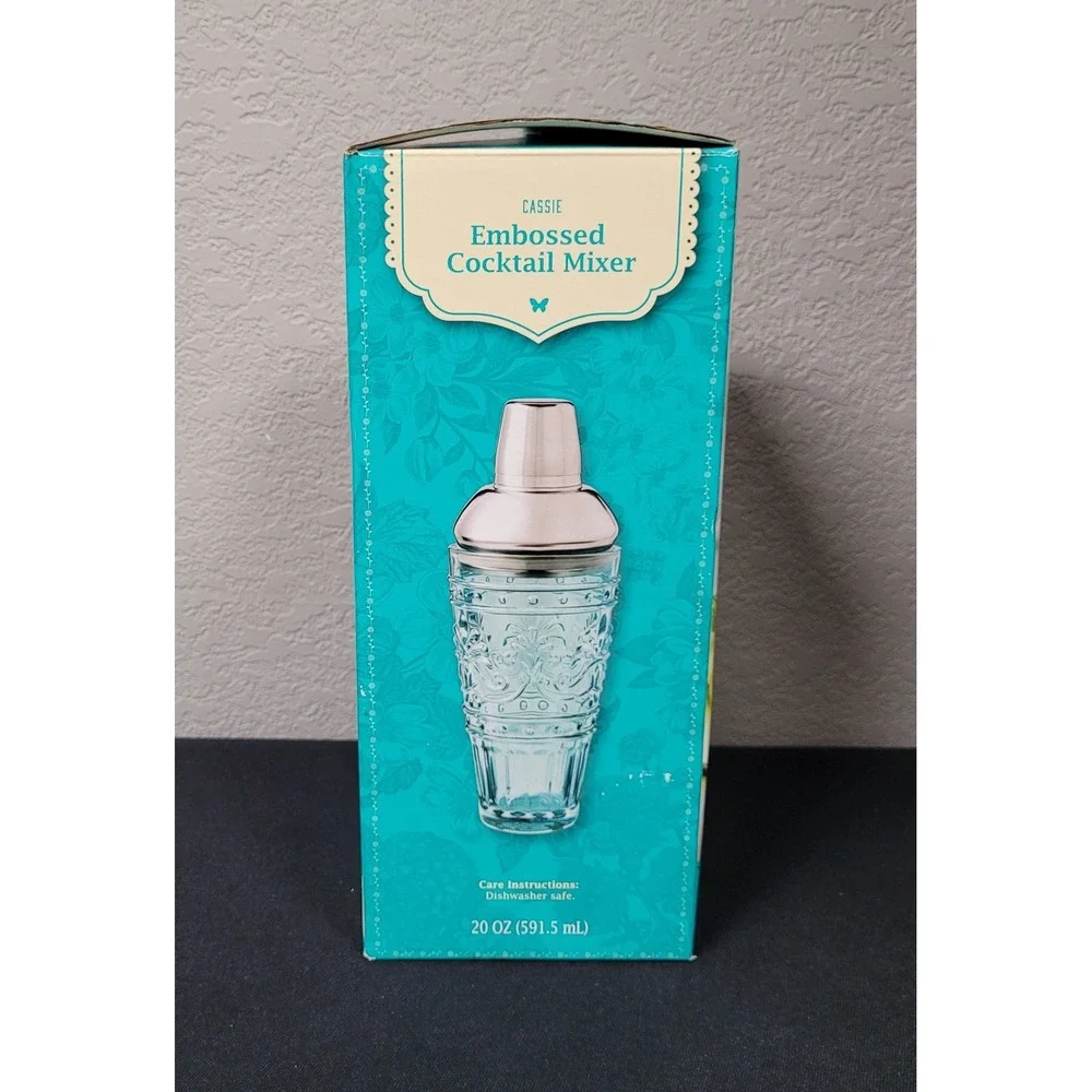 The Pioneer Woman Cassie Embossed Cocktail Mixer Teal Glass w/ Metal Lid NEW